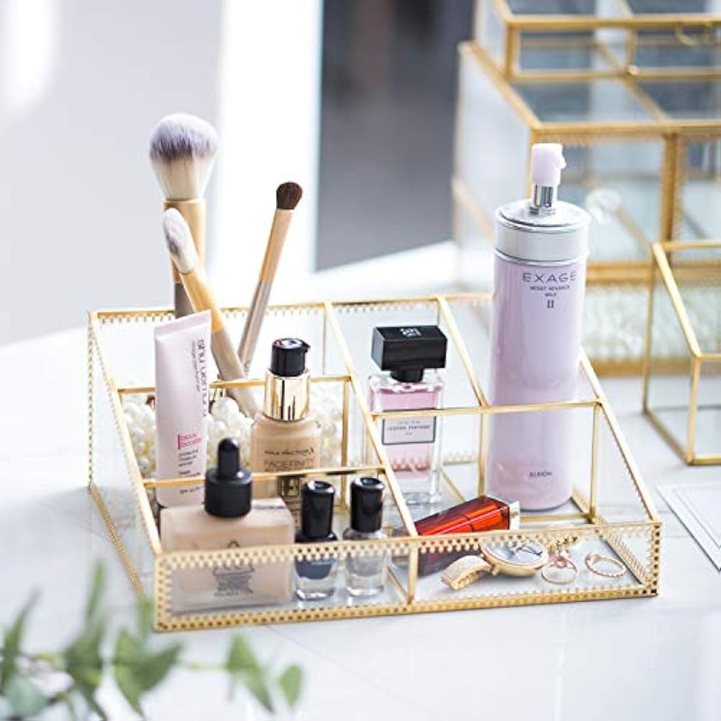 Jolof Store Glass Makeup Organizer – Gold Antique Cosmetic Storage Box
