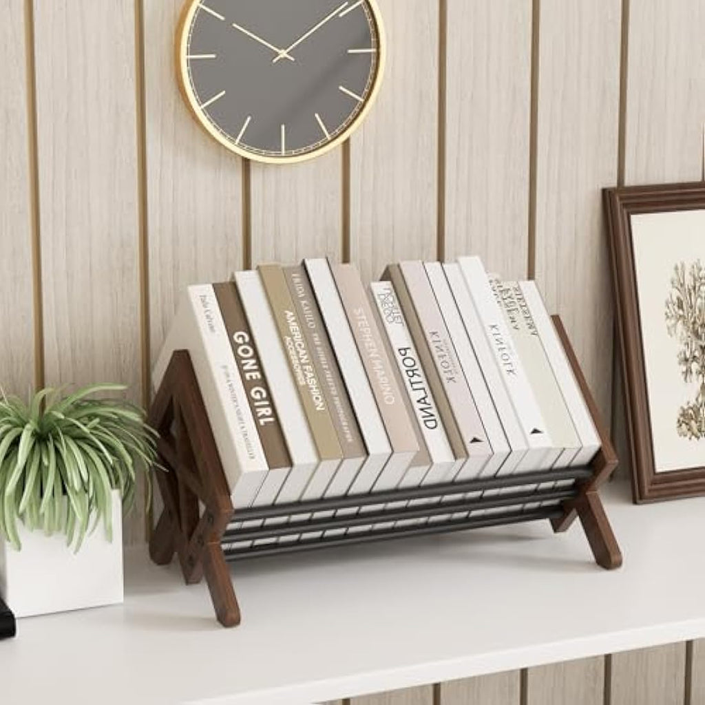THYGIFTREE Oak Wood Desktop Bookcase – V-Shaped Tilting Storage Rack, Brown