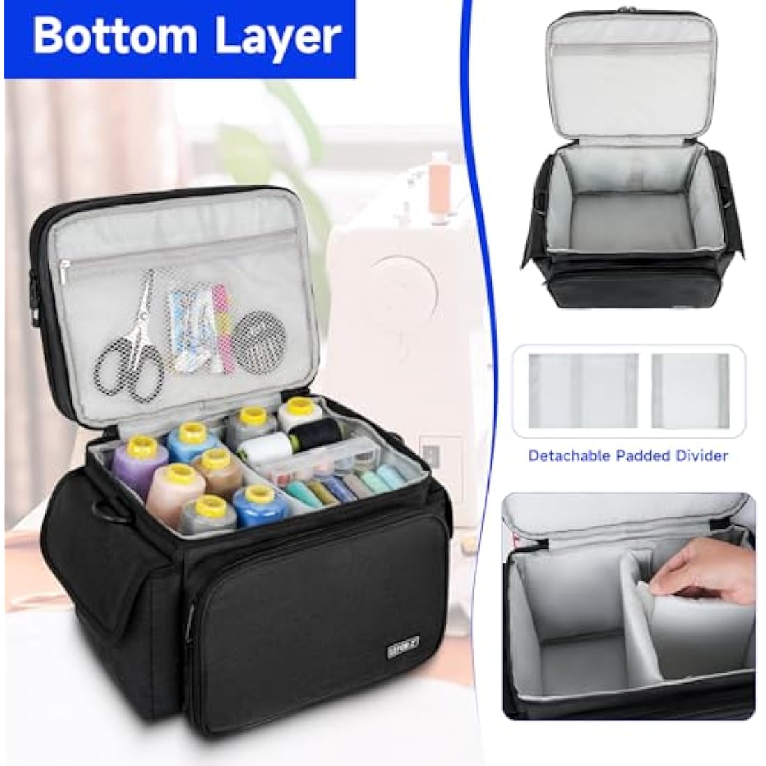 LEFOR·Z Large Sewing Box Organizer - Double Layer Storage Bag, Black