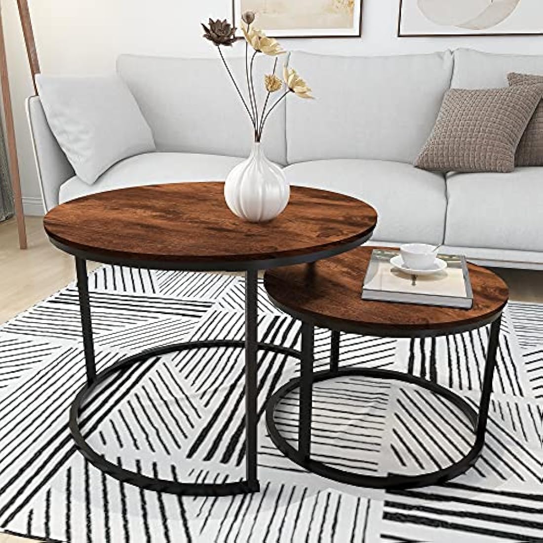 Round Nesting Coffee Table Set of 2 – Rustic Brown Wood