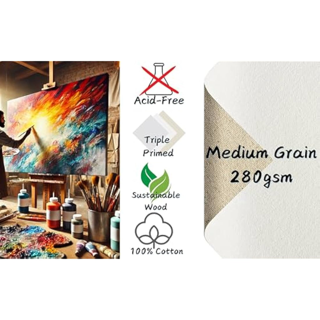 Exerz Stretched Canvas 4pk - 70x80cm Triple Primed 100% Cotton Artist Canvas