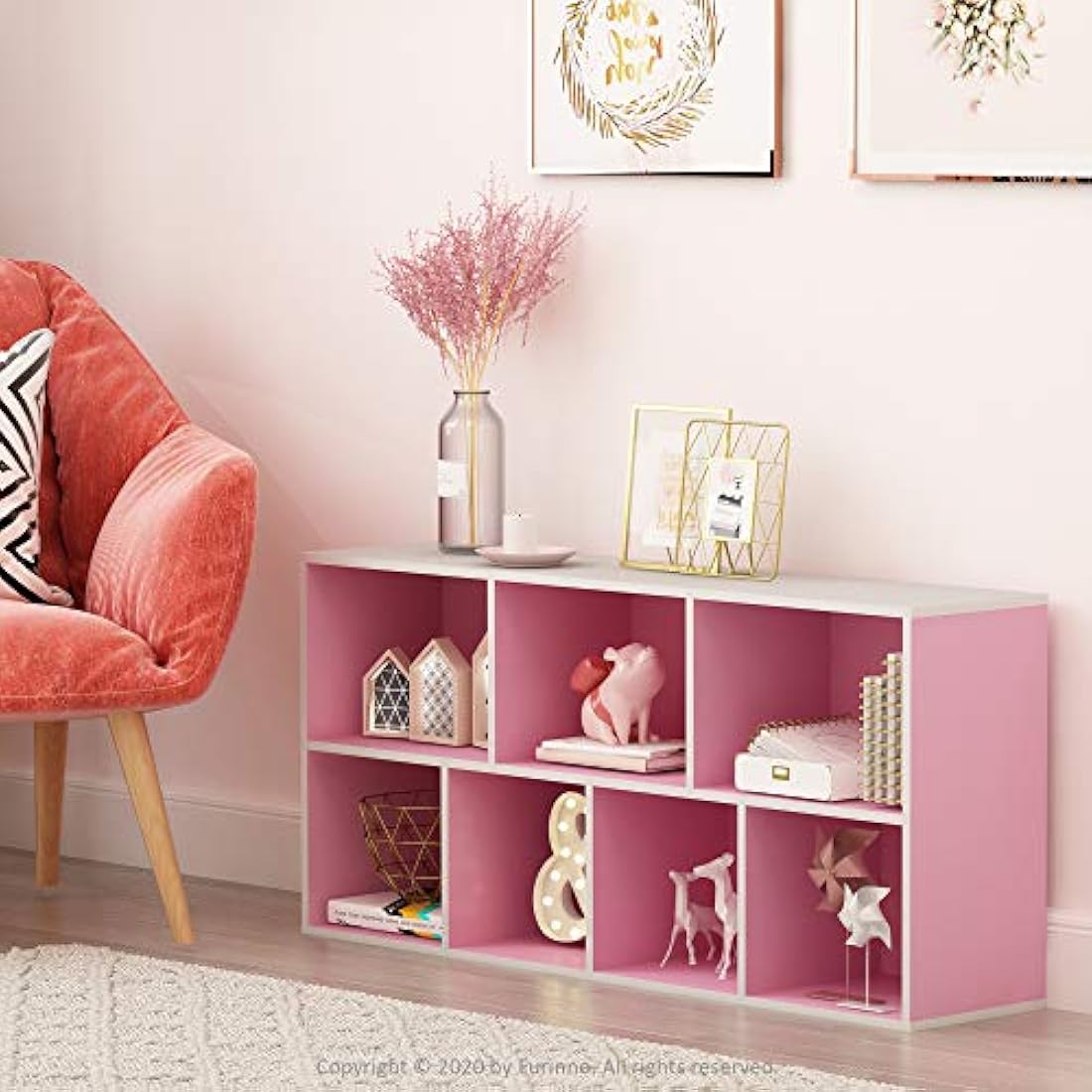 Furinno Luder 7-Cube Reversible Open Shelf Bookcase, White/Pink