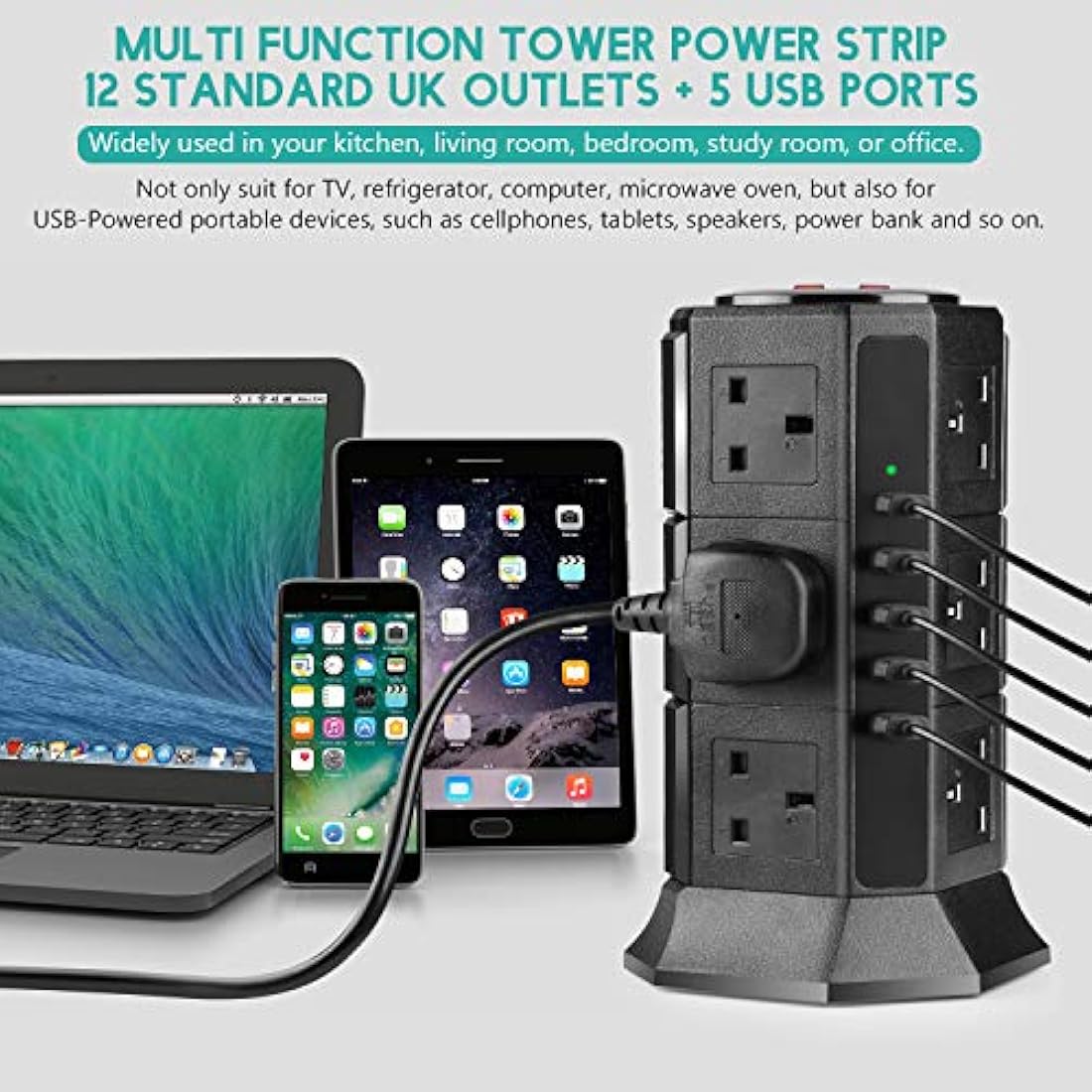 PRITEK 12-Way Vertical Extension Lead | 1000J Surge Protector with 5 USB