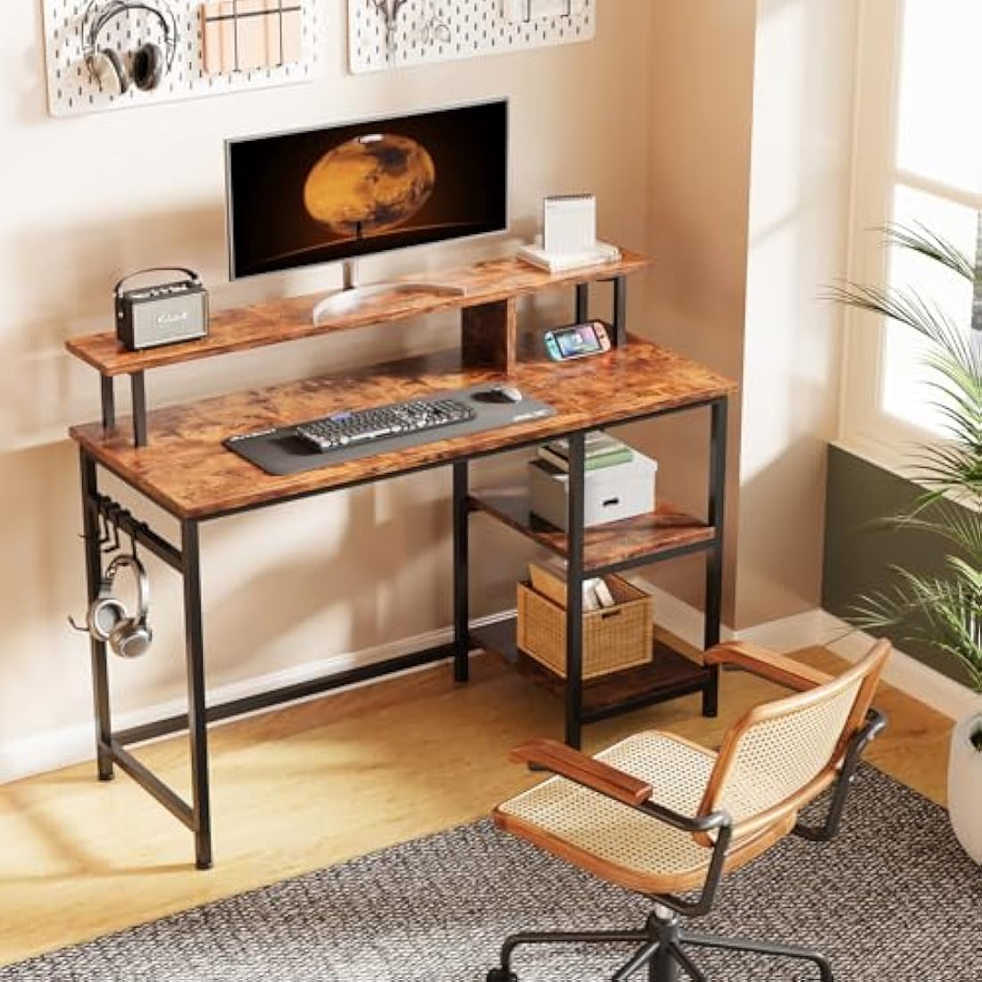Dripex Computer Desk with Dual Monitor Stand & Shelves - Rustic Brown