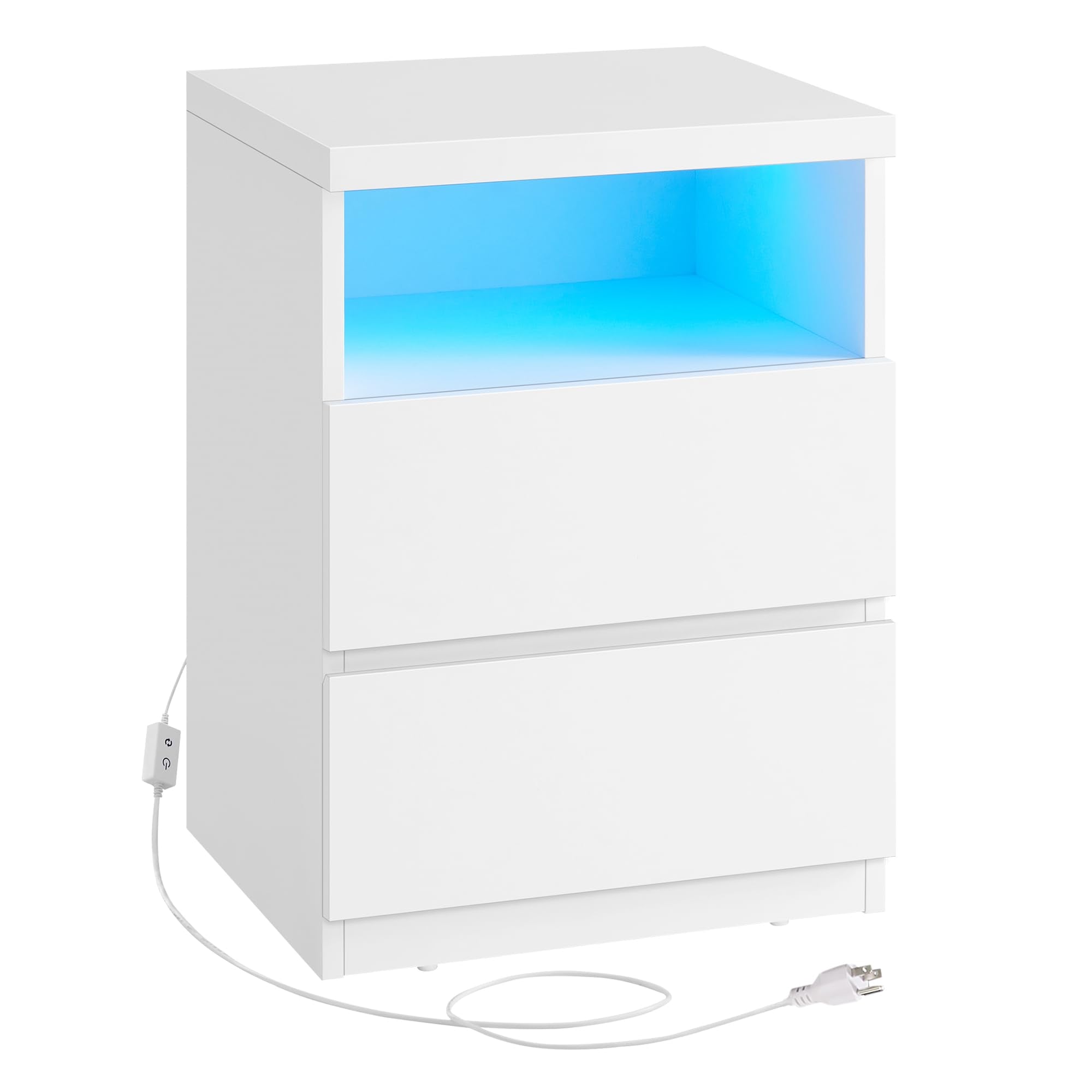 VASAGLE KAILYN LED Nightstand – Modern White Bedside Table with Drawers