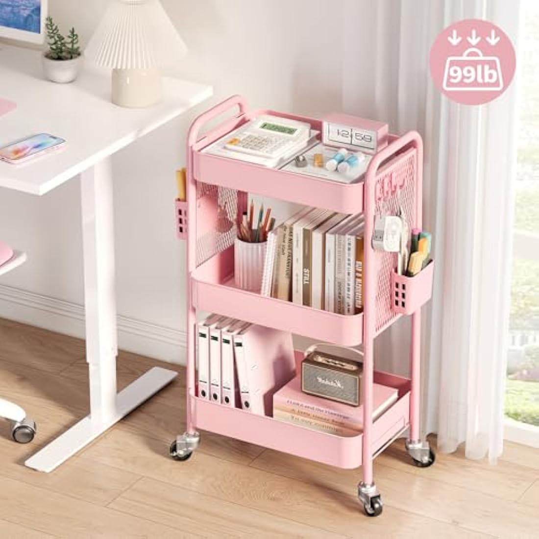 Urackify 3-Tier Rolling Storage Trolley with Pegboard & Hooks - Pink