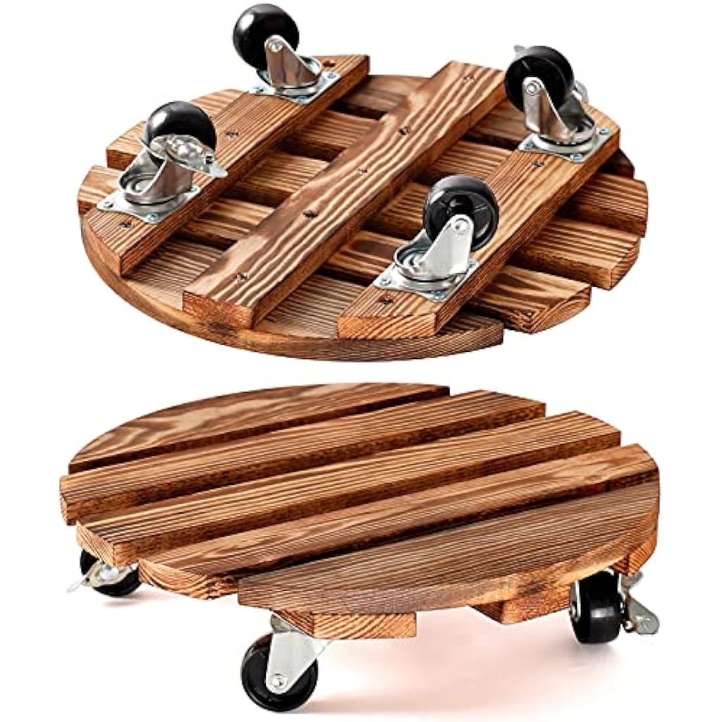 2-Pack Wooden Plant Caddy | 12" Rolling Plant Stand with Wheels