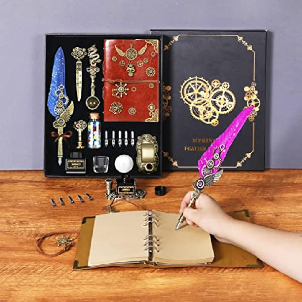 MPRINCE Quill Pen and Ink Set with Leather Notebook - Blue Calligraphy Kit