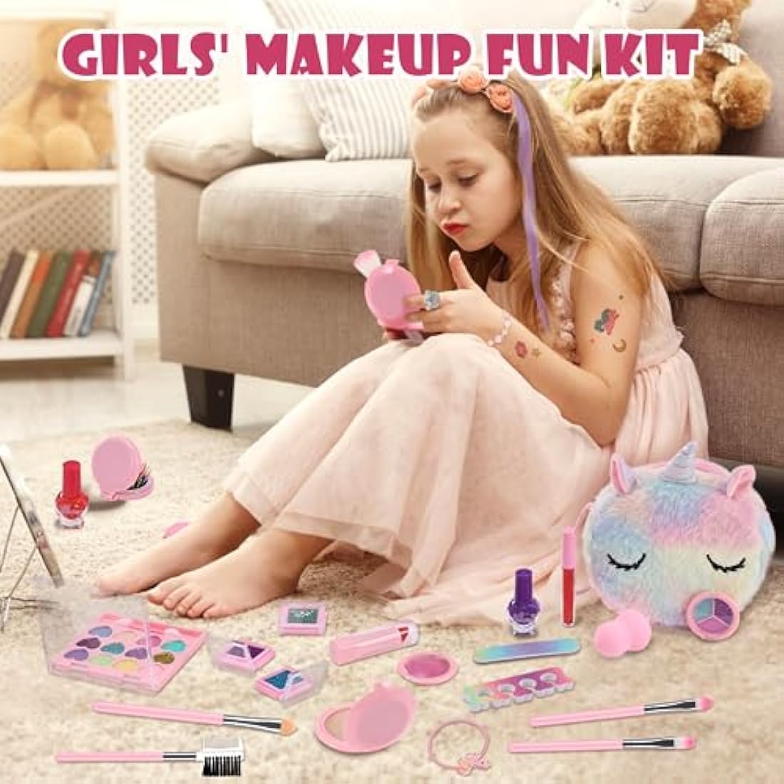 Anpro Kids Makeup Kit for Girls - 68Pcs Washable Pretend Play Set