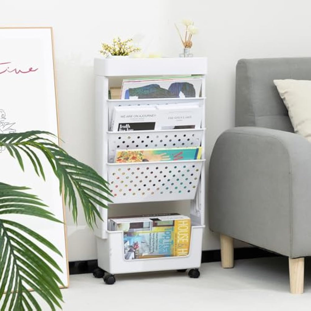 DOEWORKS 5-Tier Mobile Bookshelf – Slim Rolling Storage Trolley, White