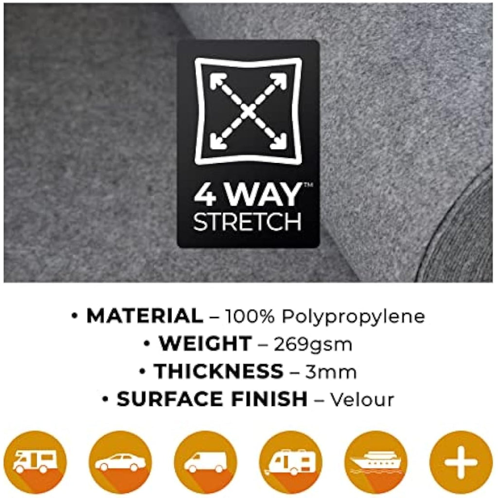Trident 4-Way Super Stretch Van Lining Carpet - Silver, 5m x 2m