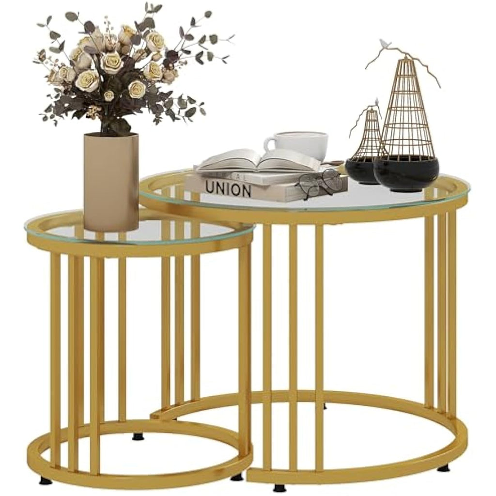 HOMCOM Nest of Tables – Round Glass Coffee Tables Set of 2, Gold