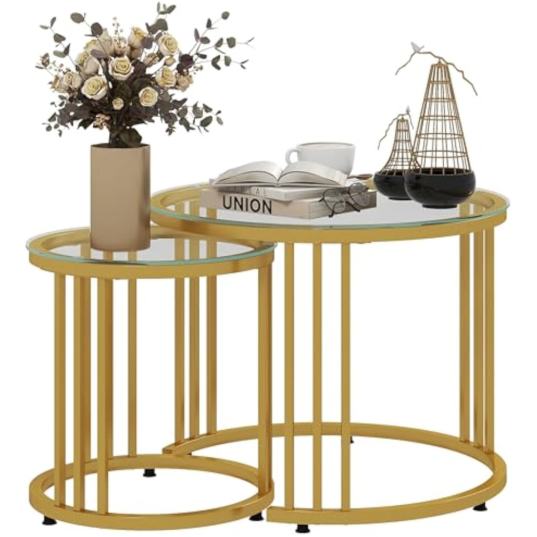 HOMCOM Nest of Tables – Round Glass Coffee Tables Set of 2, Gold