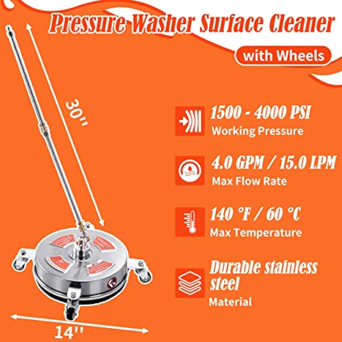 M MINGLE 14" Pressure Washer Surface Cleaner with Wheels – 4000 PSI