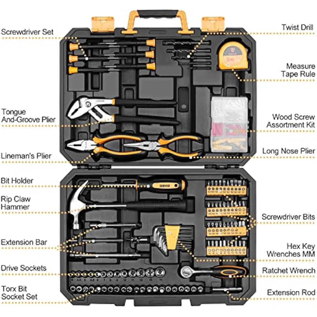 DEKO 196 Piece General Household Hand Tool Kit with Storage Case