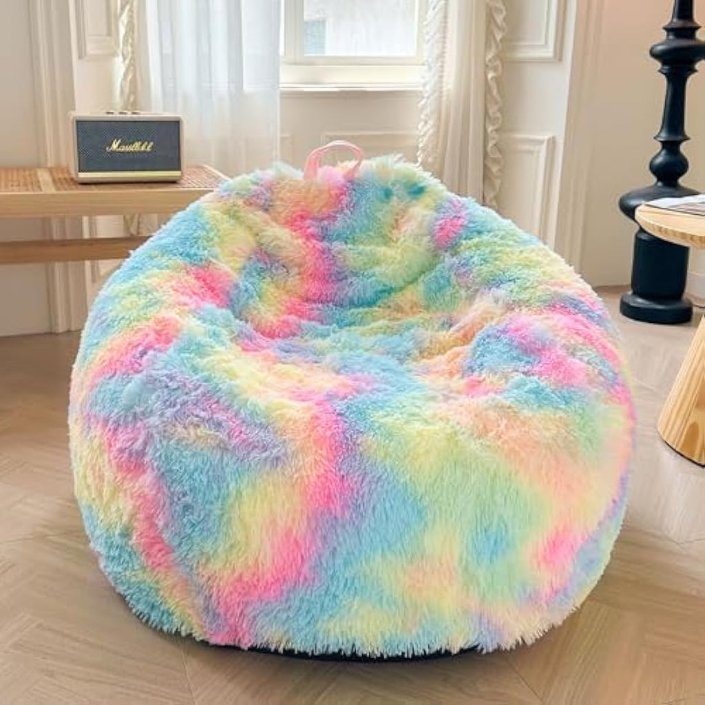 XeGe Faux Fur Bean Bag Cover – Rainbow Tie Dye Fluffy Chair for Storage