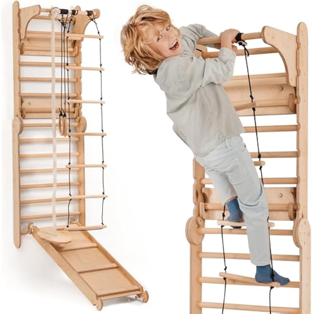 6-in-1 Wooden Swedish Wall & Slide Indoor Climbing Frame