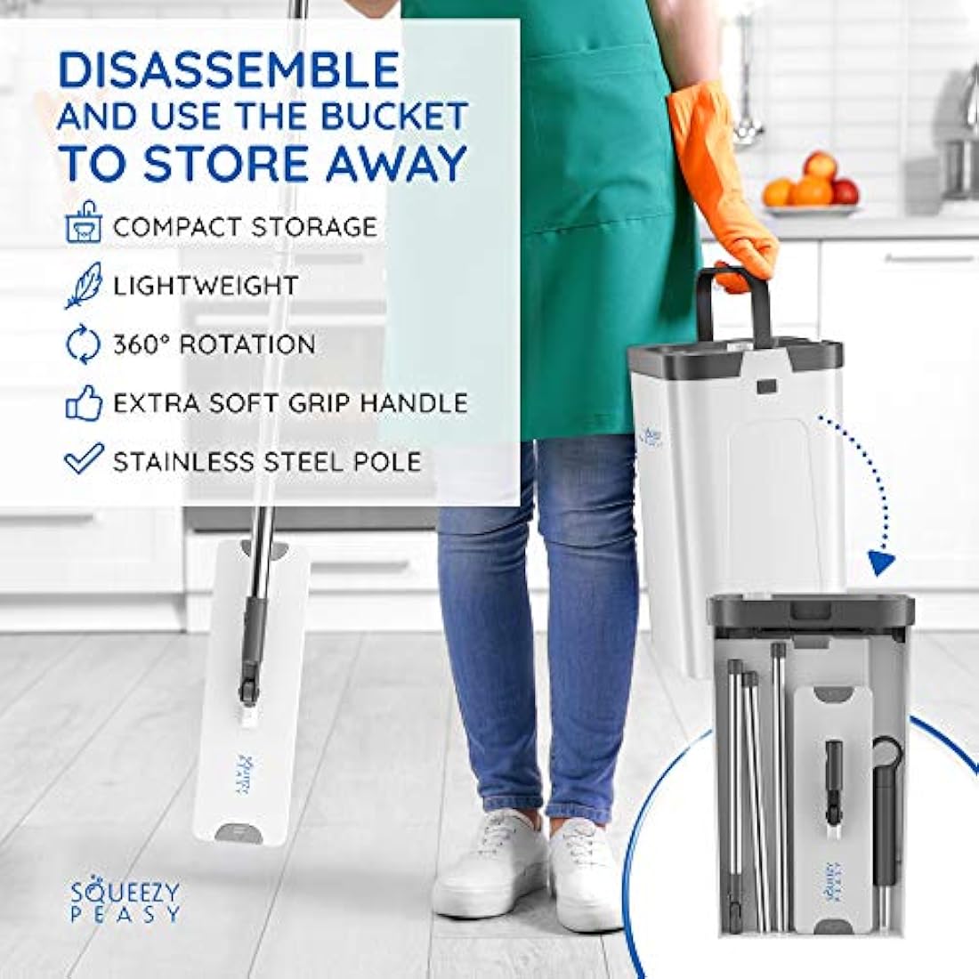 SqueezyPeasy Flat Mop and Bucket Set | 3 Chamber System with 5 Mop Pads