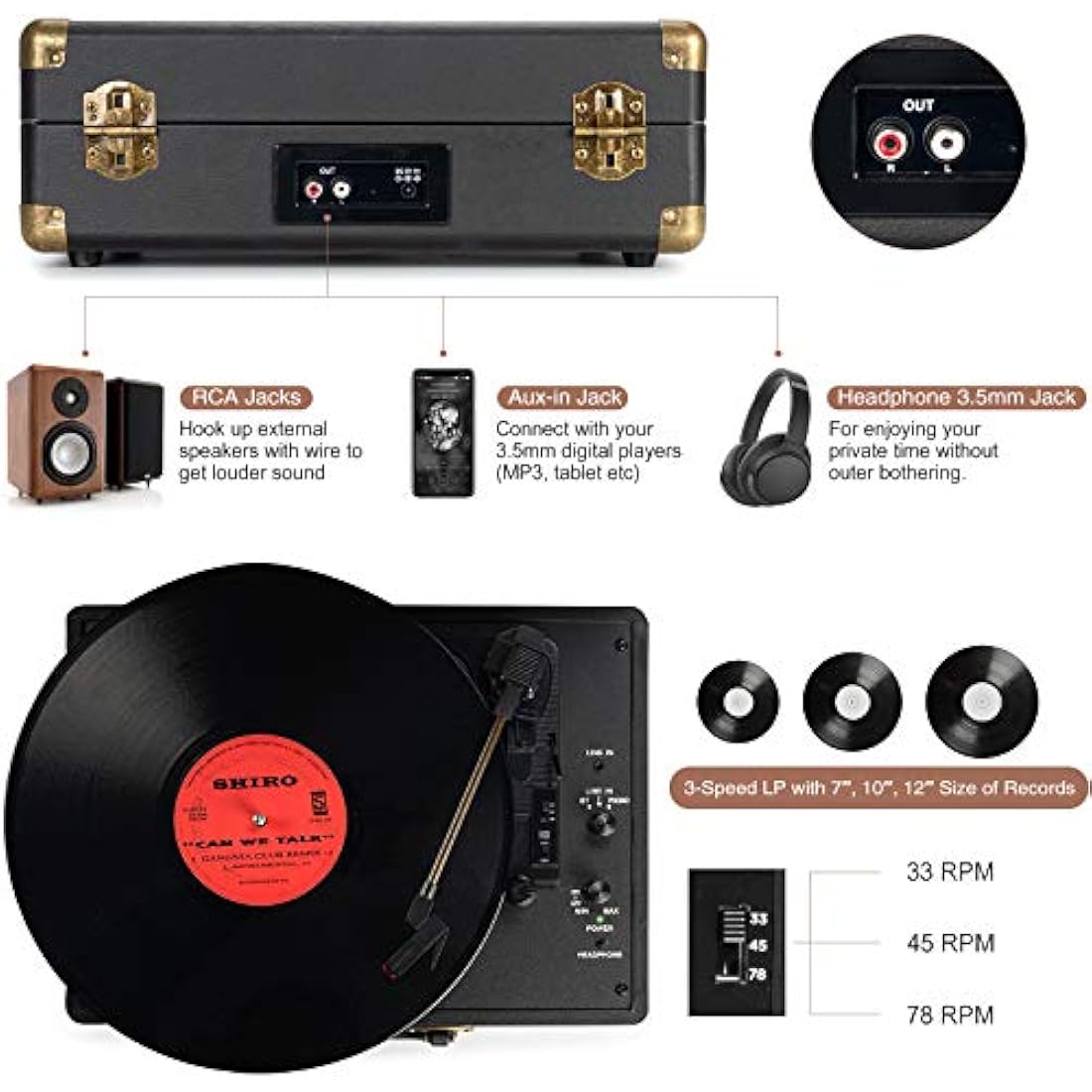 Retrolife Portable Suitcase Record Player – 3-Speed Bluetooth Turntable