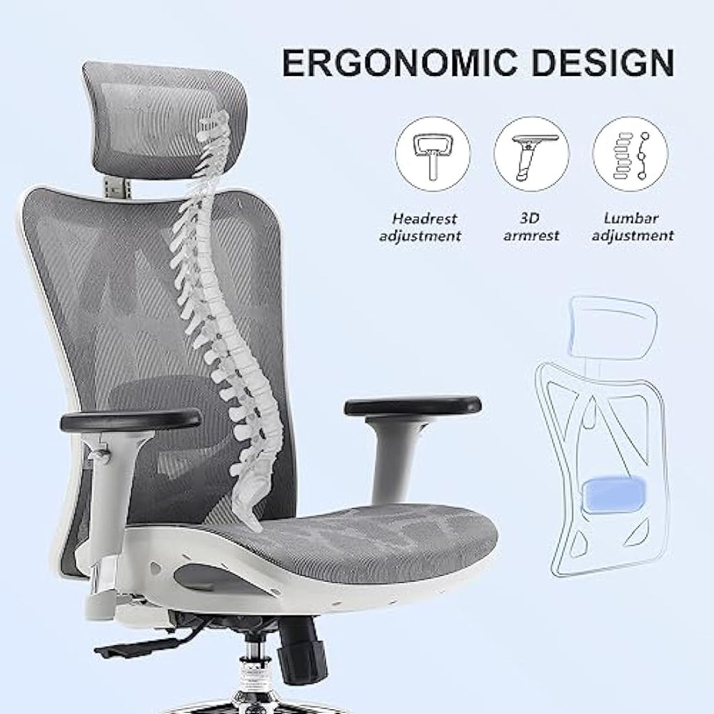 SIHOO Ergonomic Mesh Office Chair | 3D Armrests & Lumbar Support - Gray