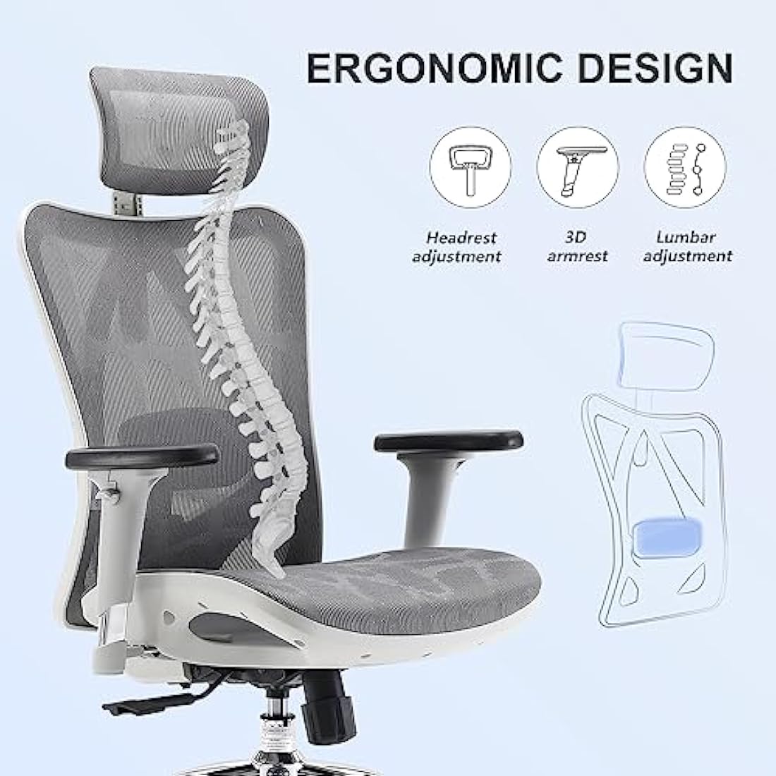 SIHOO Ergonomic Mesh Office Chair | 3D Armrests & Lumbar Support - Gray