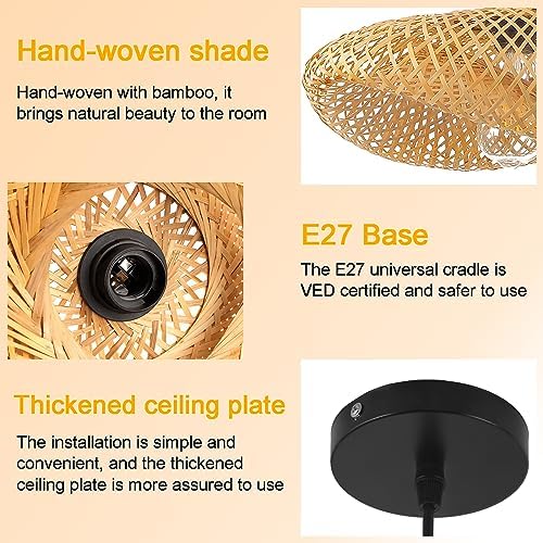 Schindora Bamboo Straw Hat Pendant Light – 50cm Woven Boho Ceiling Lamp