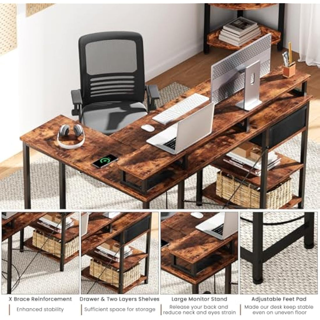 Dripex L-Shaped Computer Desk with Power Outlets, Monitor Stand & Drawer