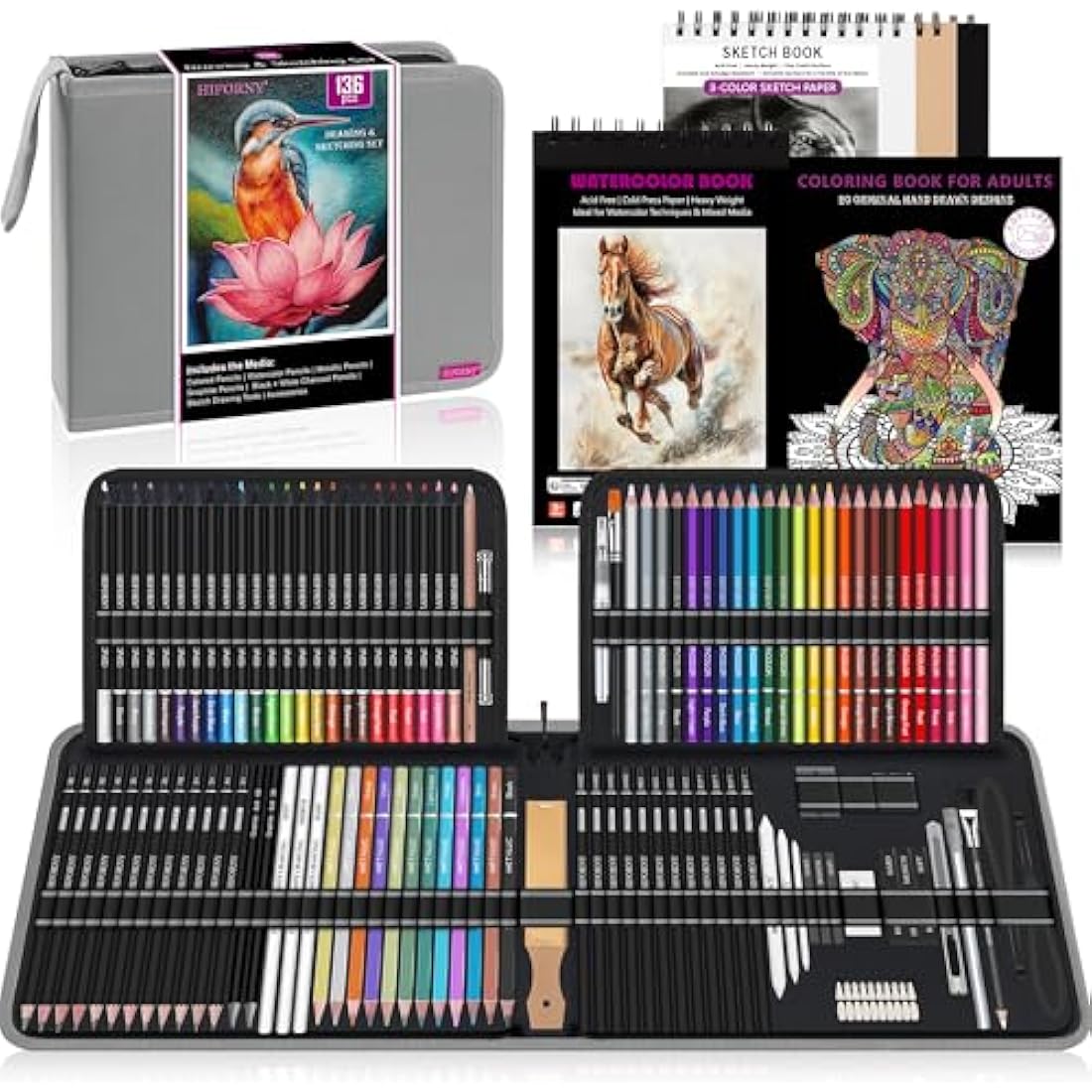 HIFORNY 136-Piece Professional Drawing & Sketching Set with Zipper Case