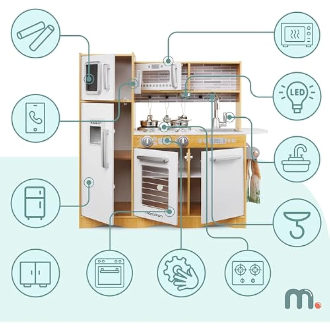 Wooden Play Kitchen for Kids with LED Lights – Natural Wood