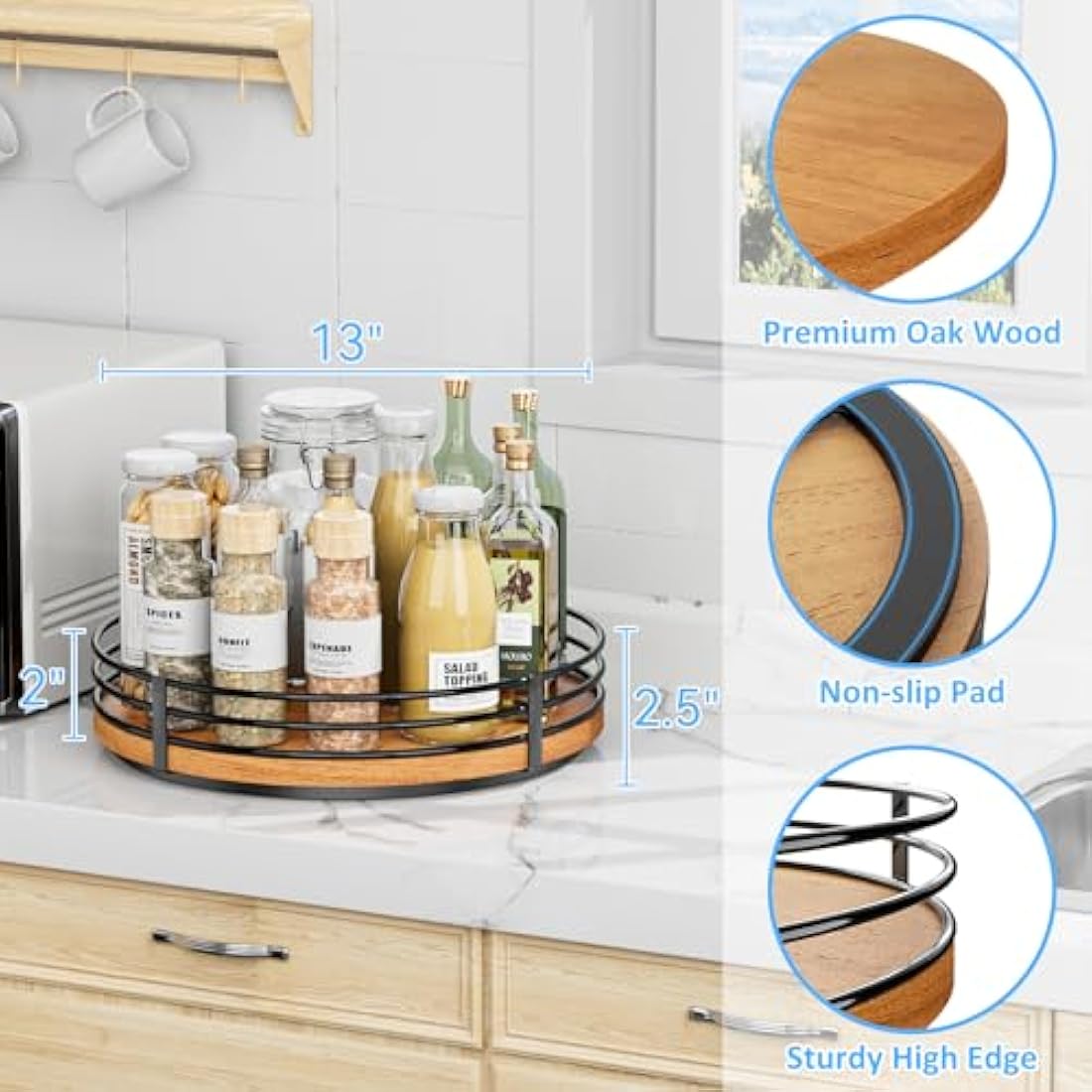 13" Oak Wood Lazy Susan Turntable Kitchen Organizer