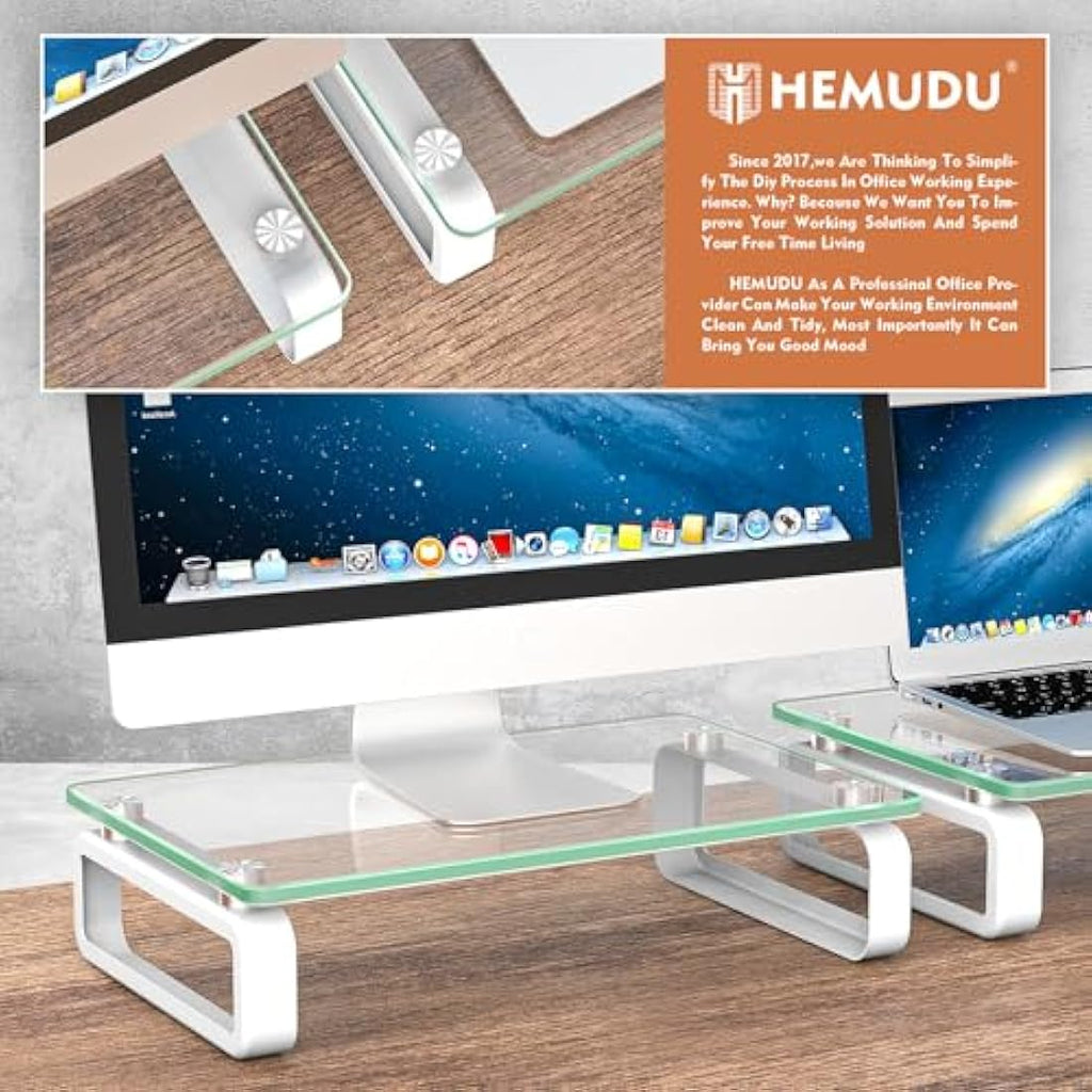 Hemudu Tempered Glass Monitor Stand Riser – 2 Pack Desktop Organizer