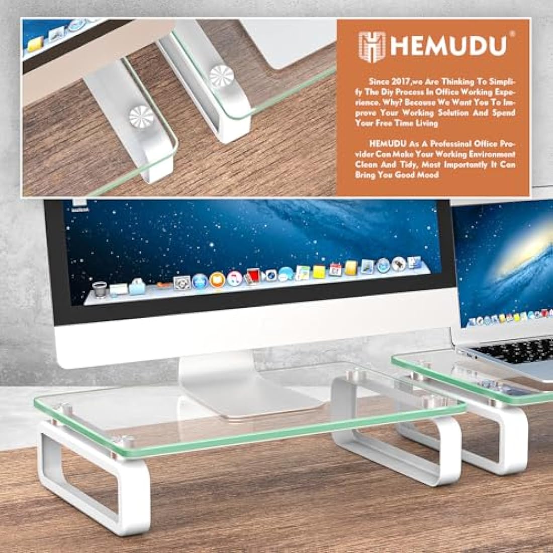 Hemudu Tempered Glass Monitor Stand Riser – 2 Pack Desktop Organizer
