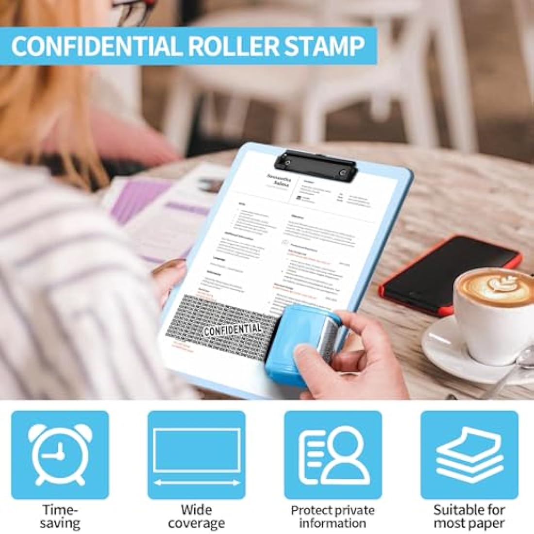 Lindastas Identity Theft Protection Roller Stamp with 3-Pack Refills - Blue