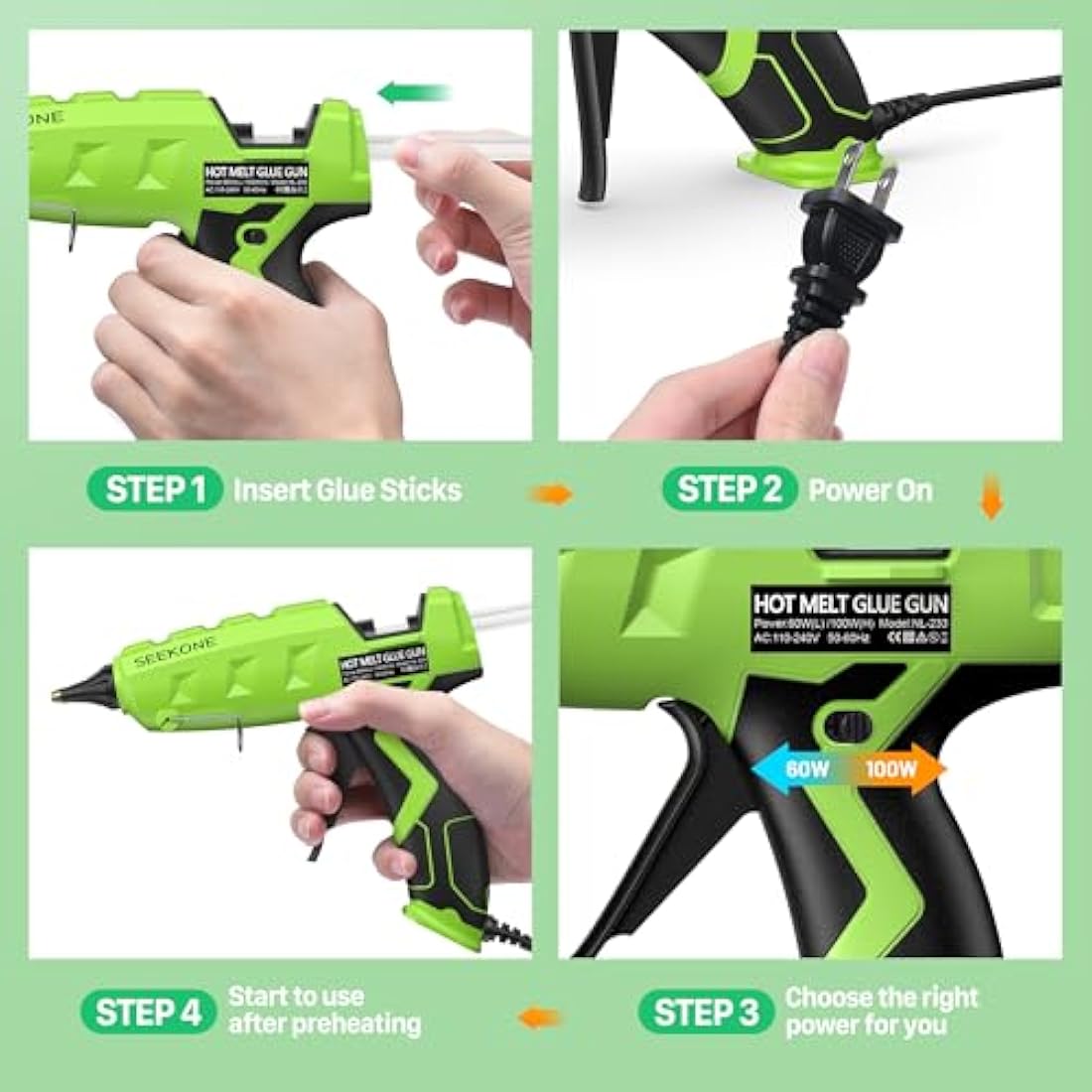 SEEKONE Dual Power Hot Glue Gun Kit | 60/100W High Temp with 20 Glue Sticks