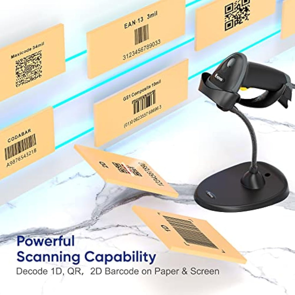 Eyoyo 2D QR Barcode Scanner with Gooseneck Stand | Wired USB POS Reader