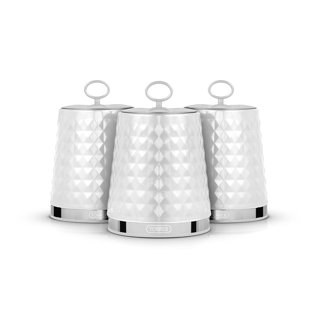 Tower Set of 3 Airtight Kitchen Canisters – 1.3L Stainless Steel, White