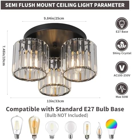 Jolof Store Modern 3-Light Crystal Chandelier – Black Semi Flush Mount