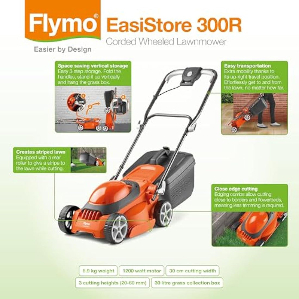 Flymo EasiStore 300R Electric Rotary Lawn Mower - 30cm, 1200W Motor