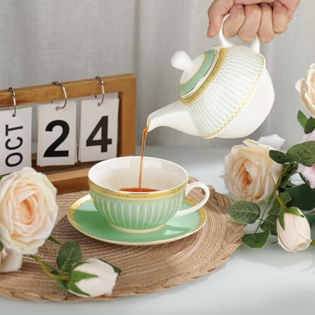 fanquare Porcelain Tea for One Set | Green Striped Teapot and Cup