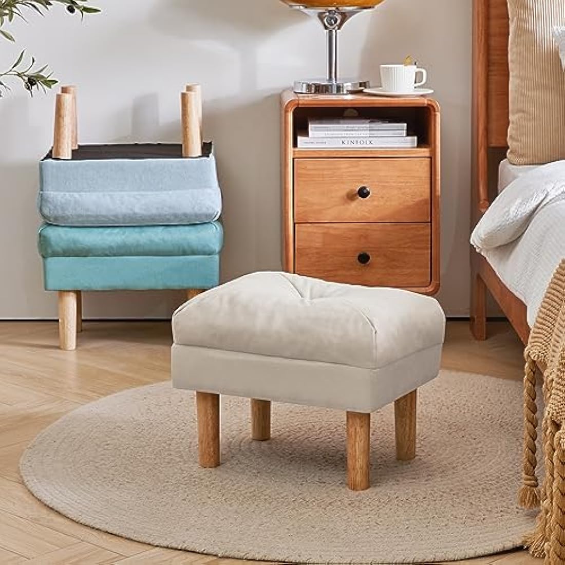 YMYNY Small Ottoman Footstool | Padded Beige Wooden Shoe Stool