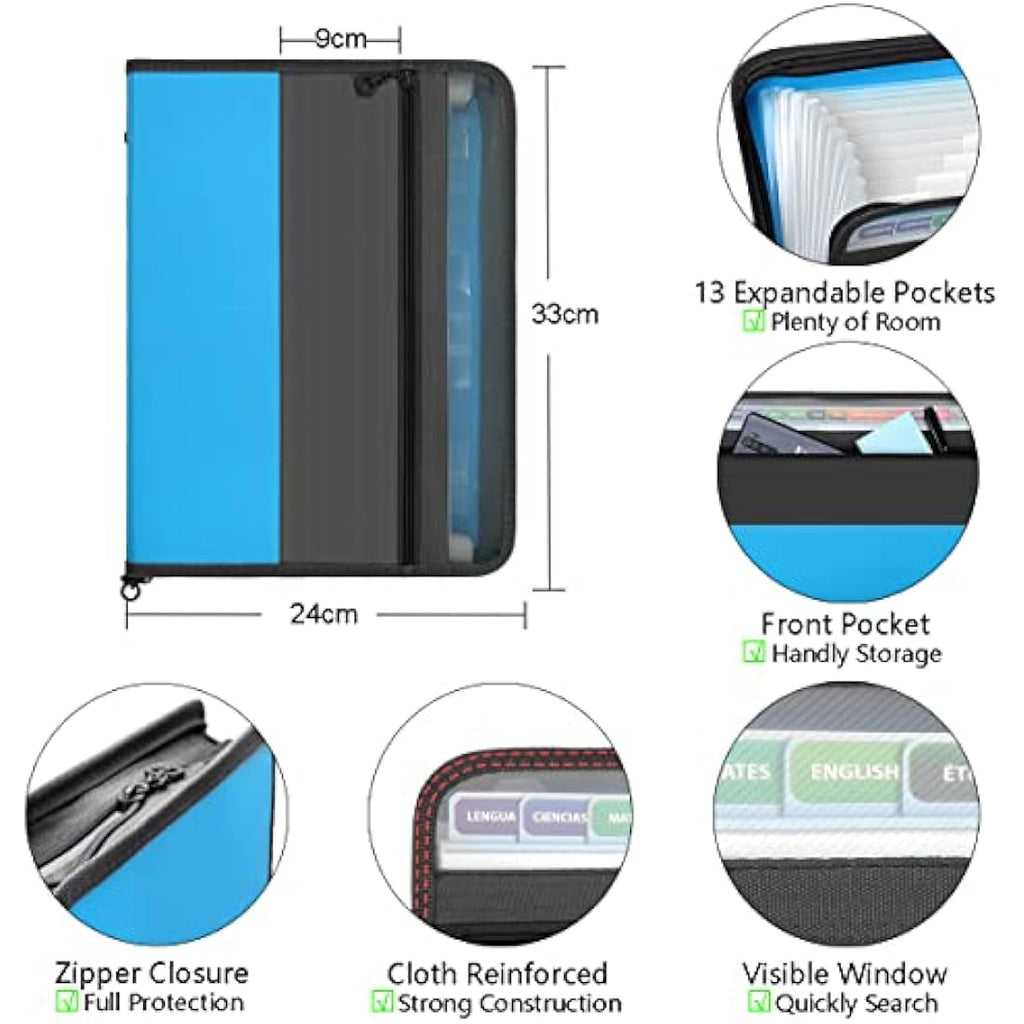 Tranbo A4 Expanding File Folder with Zipper - 2 Pack Blue Document Organizer