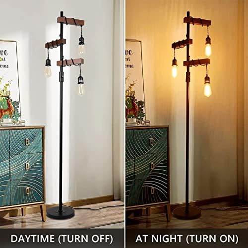 Rayofly Industrial Dimmable 3-Light Tree Floor Lamp – Wood & Metal