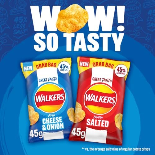 Walkers Less Salt Lightly Salted Crisps – 45g Potato Chips (Case of 32)