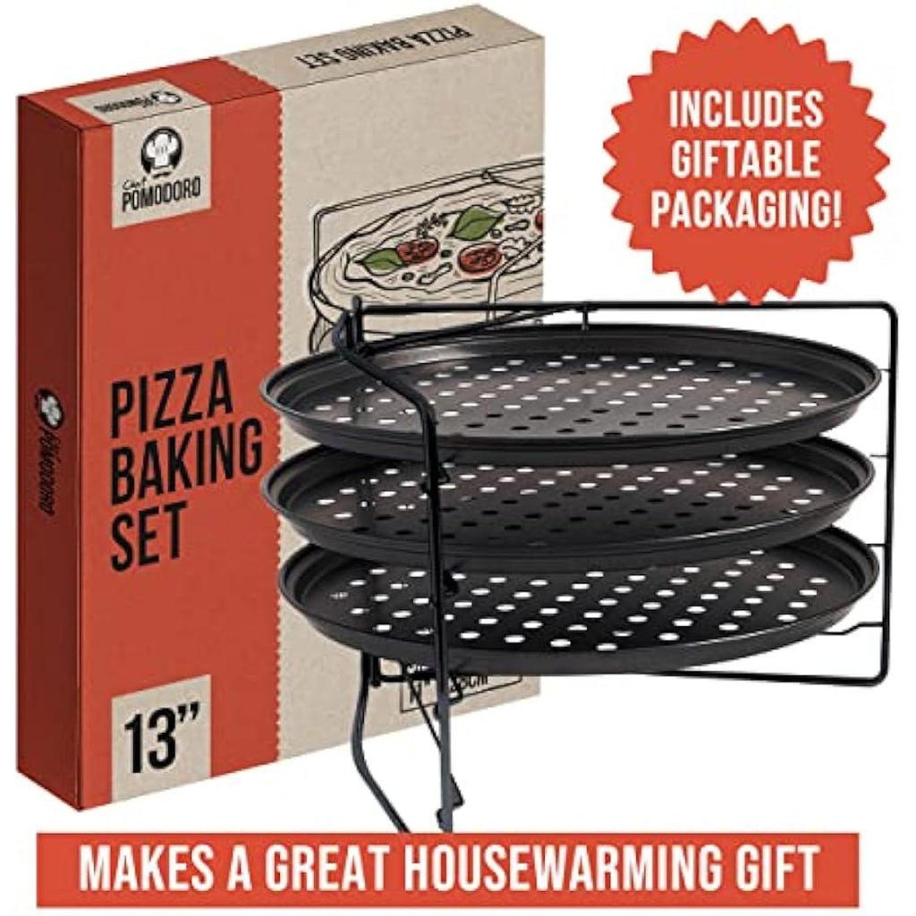 Chef Pomodoro 3-Tier Pizza Baking Set | Non-Stick Perforated 11-Inch Pans