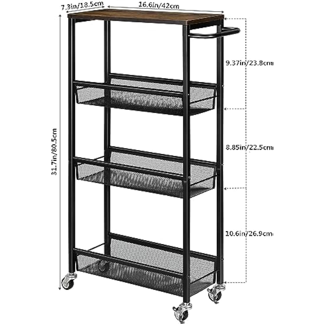 LIANTRAL Slim 4-Tier Rolling Storage Cart with Wooden Tabletop | 18.5cm Wide