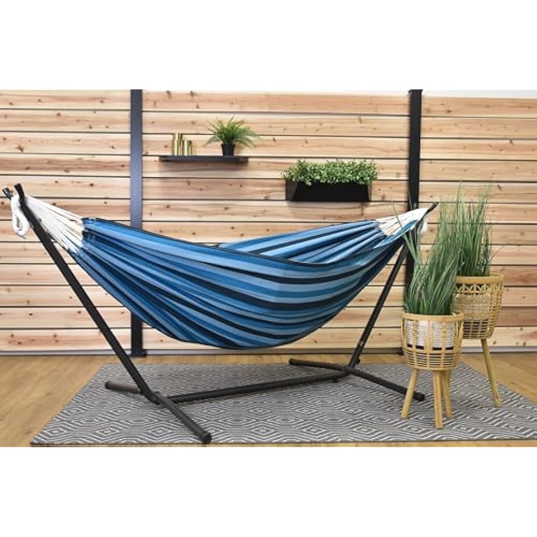 Vivere Double Cotton Hammock with Steel Stand - Blue Lagoon
