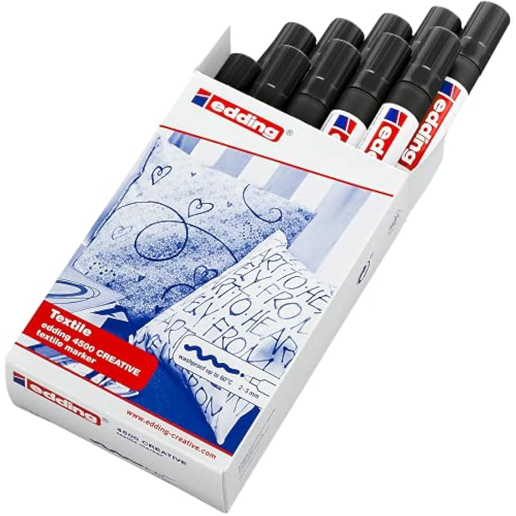 Edding 4500 Textile Markers | Black Fabric Pens | 2-3mm Round Nib | 10 Pack