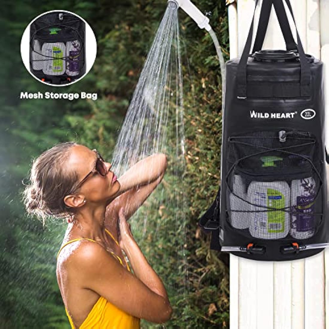 WILD HEART Portable Camping Shower Bag | 22L Solar Shower with Foot Pump