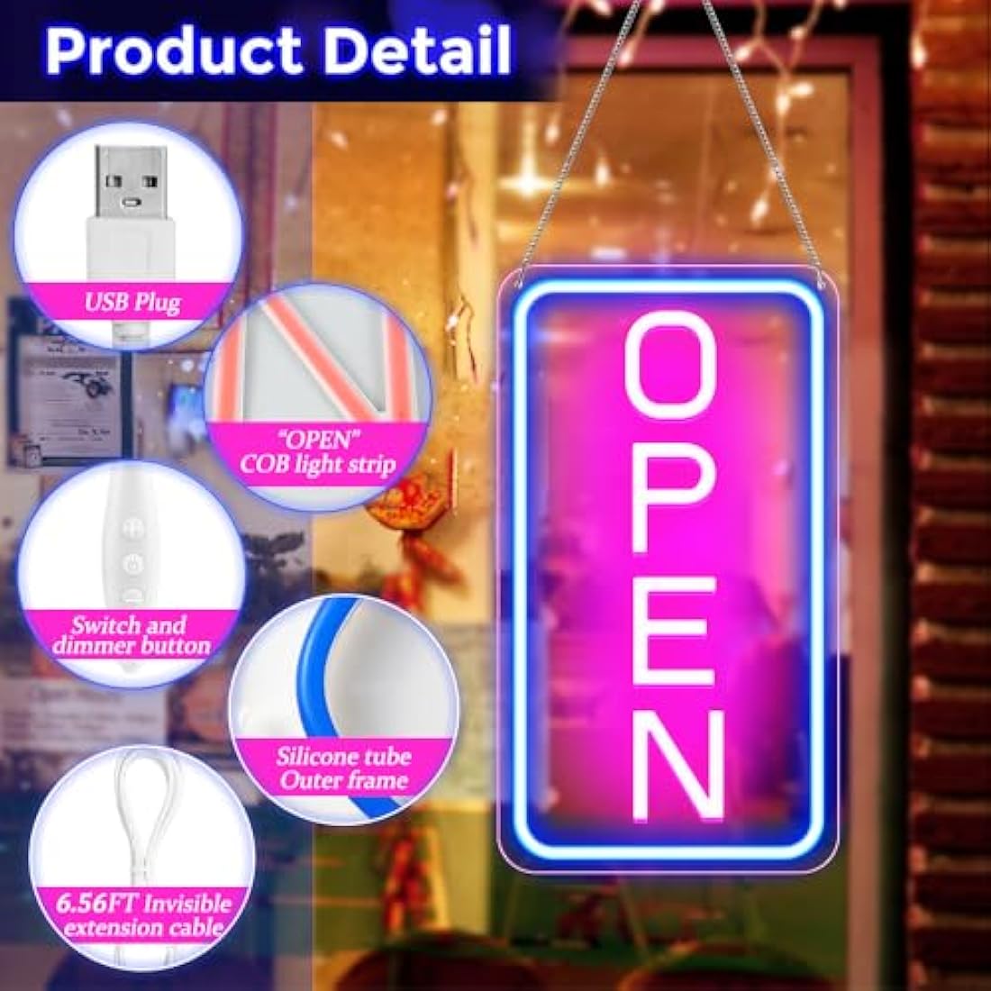 LightingWill LED Neon Open Sign – Dimmable 16x9 Vertical Business Sign