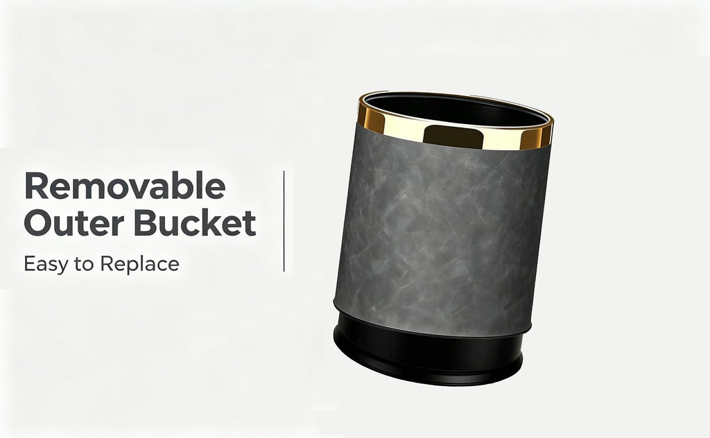 SXYLOB Luxury Metal Waste Bin 10L, Double Layer Trash Can PU Leather Covered Round Wastebasket Dust Bins for Kitchen Bathroom Hotel Office Grey Hui